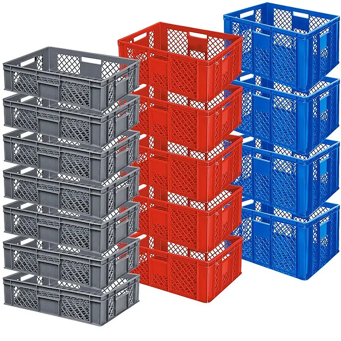 BRB Euroboxen-Set - L x B x H: 60 x 40 x 15 cm, Kunststoff, grau/rot/blau, 17 Stk. - Drei Stapel perforierter Kunststoffkisten in Grau, Rot und Blau.