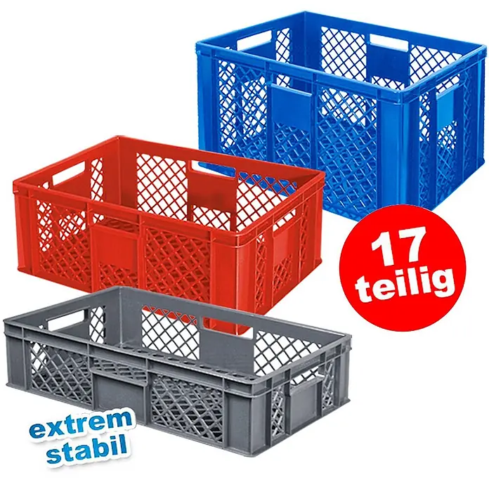 BRB Euroboxen-Set - L x B x H: 60 x 40 x 15 cm, Kunststoff, grau/rot/blau, 17 Stk. - Drei stapelbare Kunststoffkisten in Blau, Rot und Grau für vielseitige Lagerung und Transport.