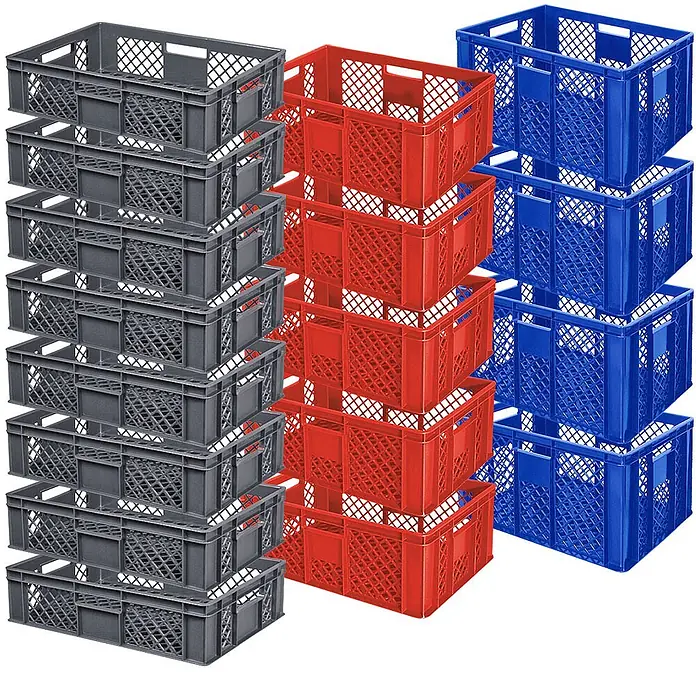 BRB Euroboxen-Set - L x B x H: 60 x 40 x 15 cm, Kunststoff, grau/rot/blau, 17 Stk. - Gestapelte graue, rote und blaue Kunststoffkisten mit perforierten Seiten.