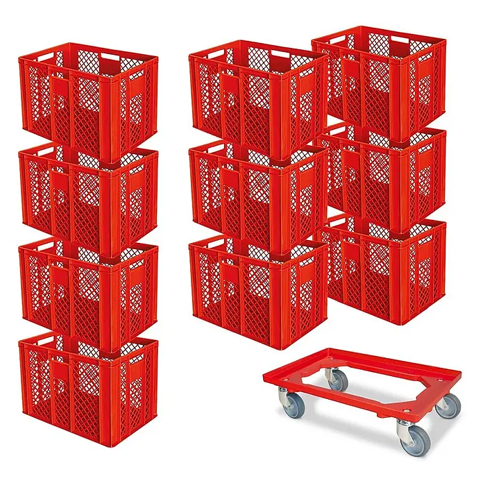 BRB Euroboxen-Set - L x B x H: 60 x 40 x 41 cm, Kunststoff, rot/rot, 11 Stk. - Rote Kunststoffkisten gestapelt, mit passendem rotem Kunststoff-Rollwagen für den Transport.