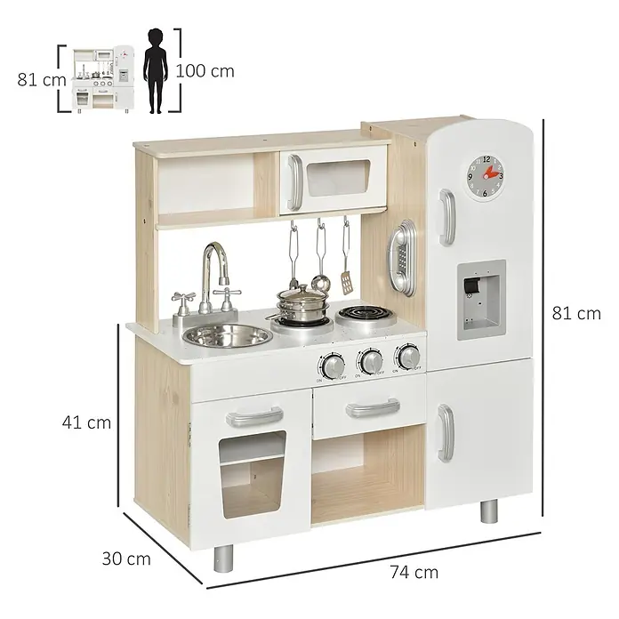 Homcom Matschküche Spielküche mit Ofen - Holz, Weiß - Kinderküche aus Holz, weiß und hellbraun, mit Spüle, Herd, Backofen und Kühlschrank. Maße: 81x74x30 cm.