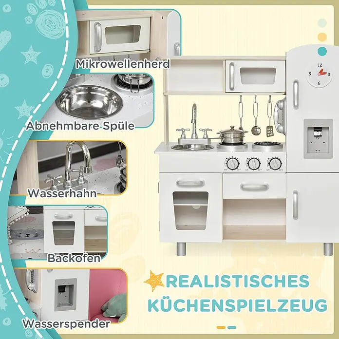Homcom Matschküche Spielküche mit Ofen - Holz, Weiß - Weiße hölzerne Spielküche mit Mikrowelle, abnehmbarer Spüle, Wasserhahn, Backofen und Wasserspender. Realistisches Rollenspielzeug für Kinder.