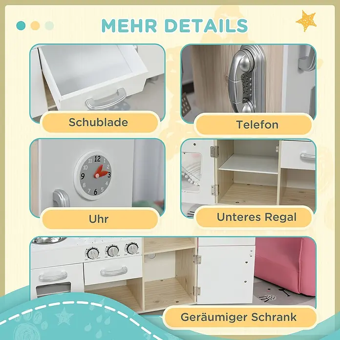 Homcom Matschküche Spielküche mit Ofen - Holz, Weiß - Detaillierte Ansichten einer weißen Holzküche, die eine offene Schublade, Spielzeugtelefon, Uhr, Regale und einen geräumigen Schrank zeigen.