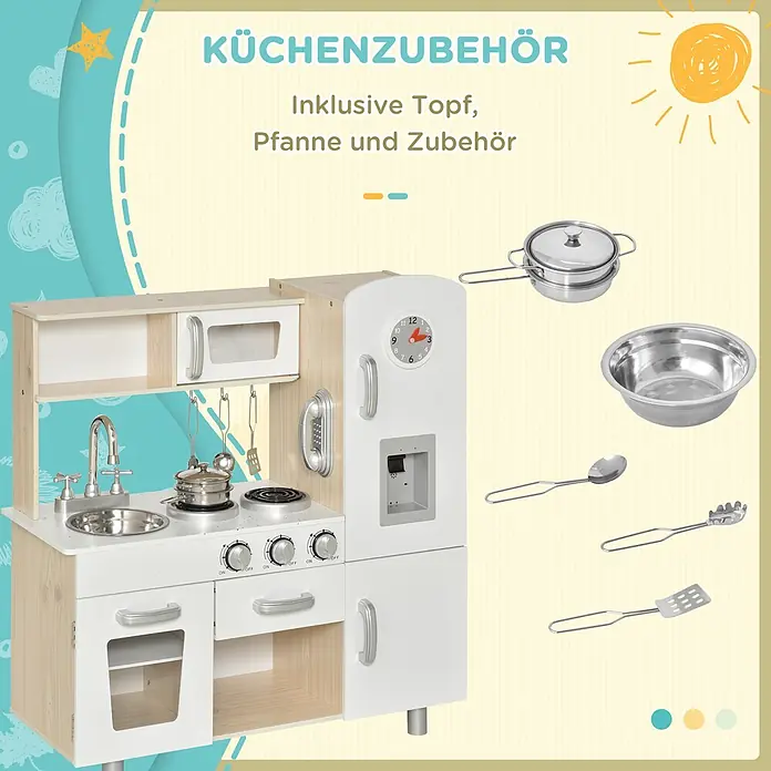 Homcom Matschküche Spielküche mit Ofen - Holz, Weiß - Spielküche aus Holz in Weiß und hellem Holz, inkl. Topf, Pfanne und Zubehör.