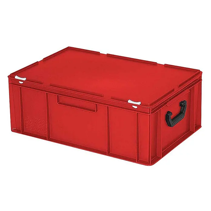 BRB Aufbewahrungsbox-Set - L x B x H: 60 x 40 x 23 cm, Kunststoff, rot, 1 Stk. - Rote Kunststoff-Aufbewahrungsbox mit passendem roten Deckel, schwarzem Griff und weißen Verschlussclips.