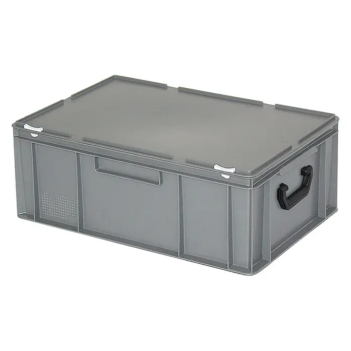 BRB Aufbewahrungsbox-Set - L x B x H: 60 x 40 x 23 cm, Kunststoff, grau - Graue Kunststoff-Lagerbox mit Deckel, seitlichen Griffen und weißen Verschlüssen. Ideal für organisierte, stapelbare Lagerung.