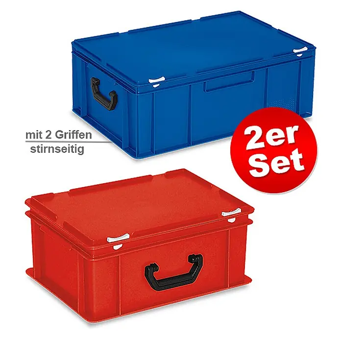 BRB Aufbewahrungsbox-Set - L x B x H: 40 x 30 x 18 cm, Kunststoff, blau/rot, 2 Stk. - Zwei Kunststoff-Stapelboxen mit Deckel, eine blaue, eine rote, mit schwarzen Griffen und weißen Verschlüssen. Als 2er-Set.