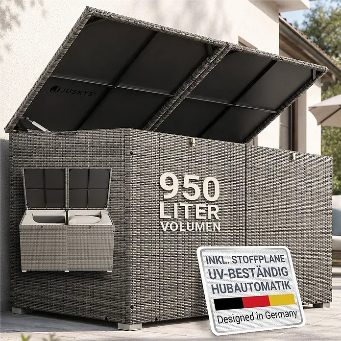 Juskys Garten-Aufbewahrungsbox Ikaria - grau, Kunststoff - Große graue Polyrattan-Gartenbox (950L) mit offenem, automatisch anhebendem Deckel und Innenfutter, im Außenbereich.