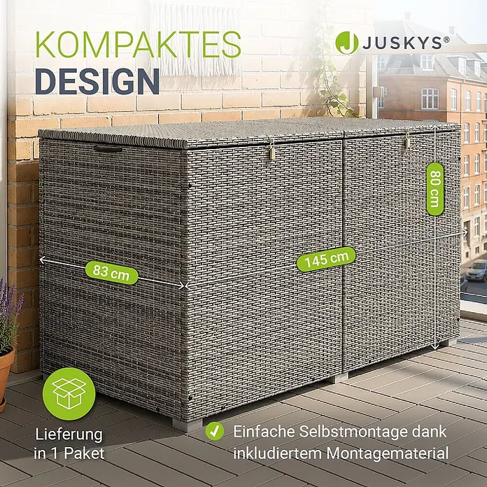 Juskys Garten-Aufbewahrungsbox Ikaria - grau, Kunststoff - Große, zweiteilige graue Outdoor-Aufbewahrungsbox in Rattanoptik auf einem Balkon. Maße 145x83x80 cm.