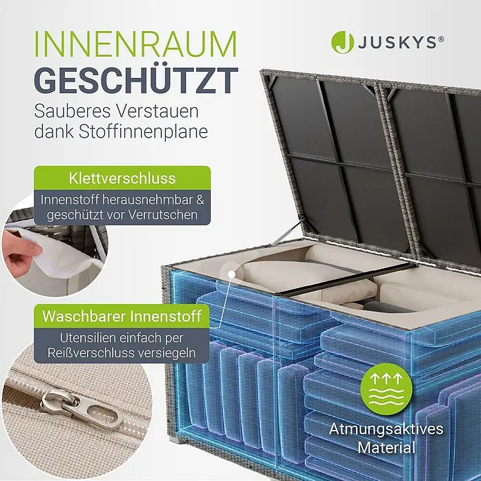 Juskys Garten-Aufbewahrungsbox Ikaria - grau, Kunststoff - Graue Rattan-Truhe mit geöffnetem Deckel, zeigt ein beiges, herausnehmbares und waschbares Innenfutter für geschützte, atmungsaktive Lagerung.