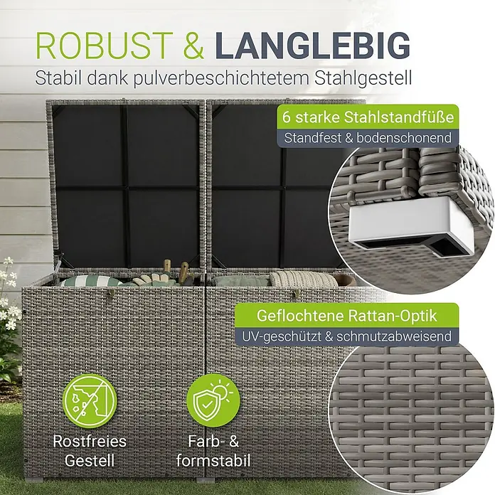 Juskys Garten-Aufbewahrungsbox Ikaria - grau, Kunststoff - Graue Outdoor-Aufbewahrungsbox in Rattan-Optik mit pulverbeschichtetem Stahlgestell und UV-Schutz.