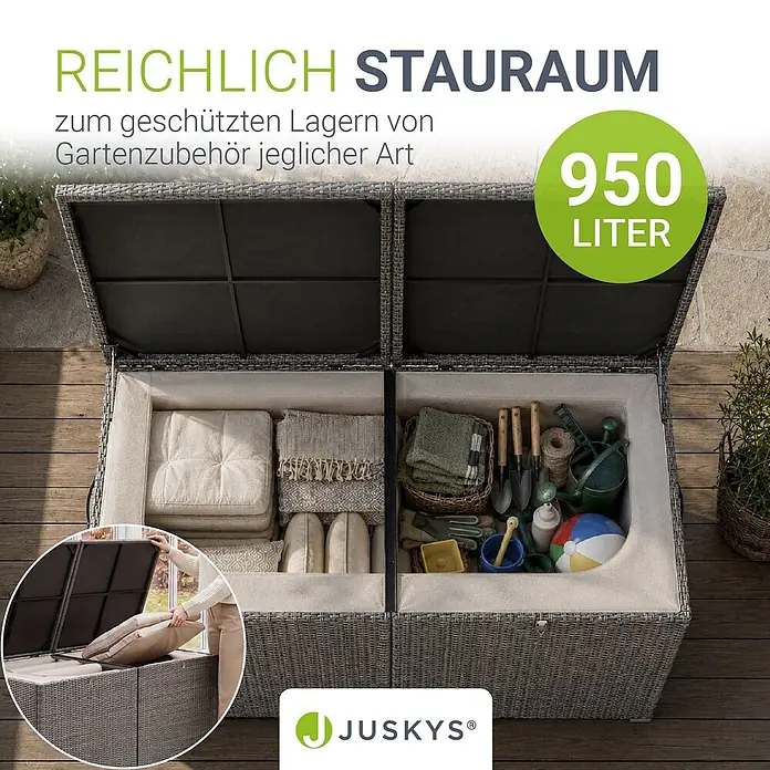 Juskys Garten-Aufbewahrungsbox Ikaria - grau, Kunststoff - Große graue Garten-Aufbewahrungsbox im Rattan-Look, geöffnet und gefüllt mit Gartenzubehör, mit 950 Litern Fassungsvermögen.