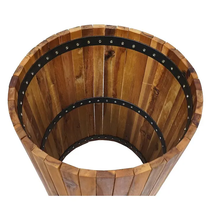 Proregal Pflanzsäule rund Rund - Außenmaß (Ø x H): 34 x 50 cm, Holz, Braun - Konischer Holz-Pflanzkübel aus hellbraunen Akazienholzplanken, verstärkt mit dunklen Metallbändern und Nieten.