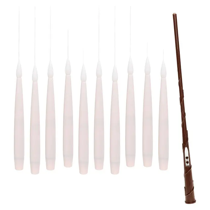 LED-Kerzen-Set Schwebend - Creme, 10 Stk., Warmweiß - Mehrere weiße schwebende LED-Kerzen und ein brauner Zauberstab mit Ein/Aus-Schalter für Dekoration.
