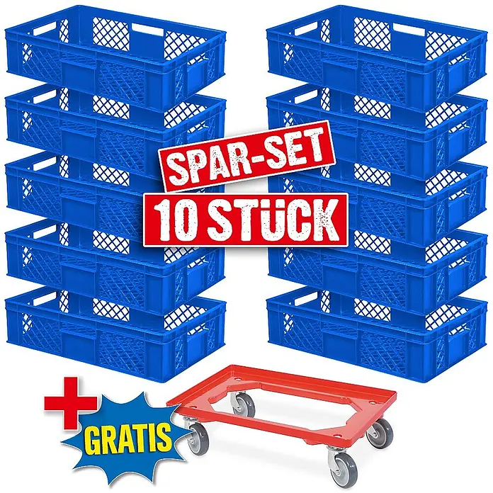 BRB Euroboxen-Set - L x B x H: 60 x 40 x 15 cm, Kunststoff, blau/rot, 11 Stk. - Spar-Set aus 10 blauen Kunststoff-Stapelbehältern mit einem gratis roten Rollwagen.