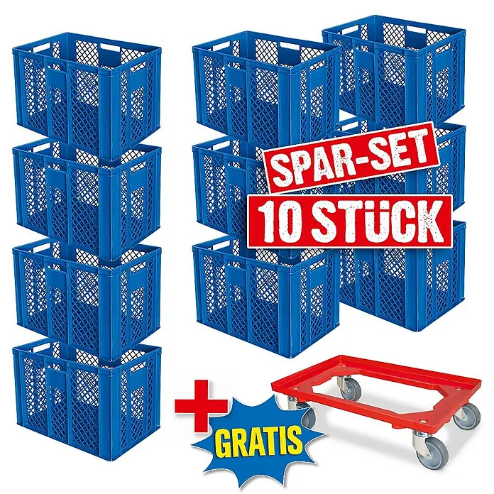 BRB Euroboxen-Set - L x B x H: 60 x 40 x 41 cm, Kunststoff, blau/rot, 11 Stk. - Spar-Set mit 10 blauen, stapelbaren Kunststoffkisten und einem roten Rollbrett gratis.
