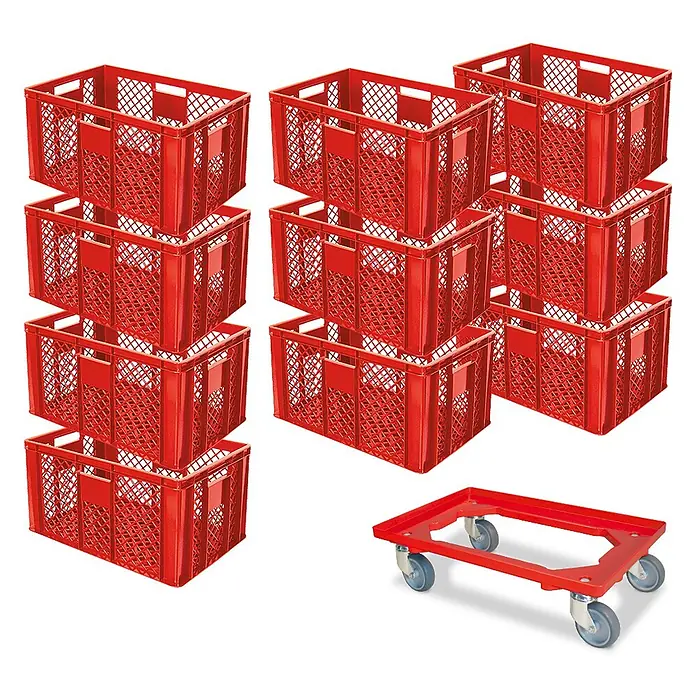BRB Euroboxen-Set - L x B x H: 60 x 40 x 32 cm, Kunststoff, rot/rot, 11 Stk. - Rote stapelbare Kunststoffkisten und ein passender roter Rollwagen.