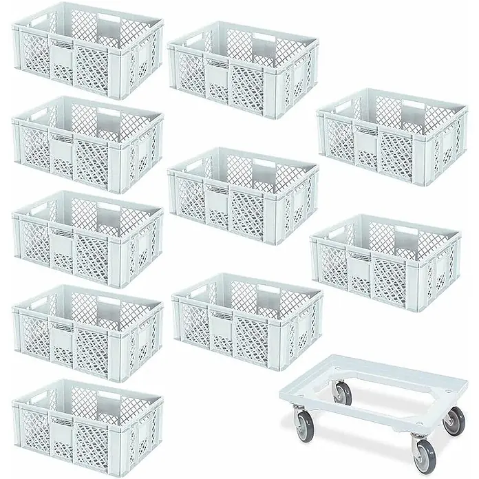 BRB Euroboxen-Set - L x B x H: 60 x 40 x 24 cm, Kunststoff, weiß/weiß, 11 Stk. - Zehn weiße stapelbare Kunststoffkisten und ein passender weißer Rollwagen mit Rädern zum Transport.