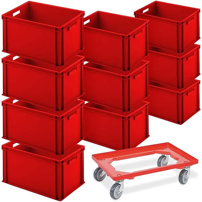 BRB Euroboxen-Set - L x B x H: 60 x 40 x 32 cm, Kunststoff, rot/rot, 11 Stk. - Zwölf rote Kunststoff-Lagerkisten gestapelt mit einem passenden roten Rollwagen.