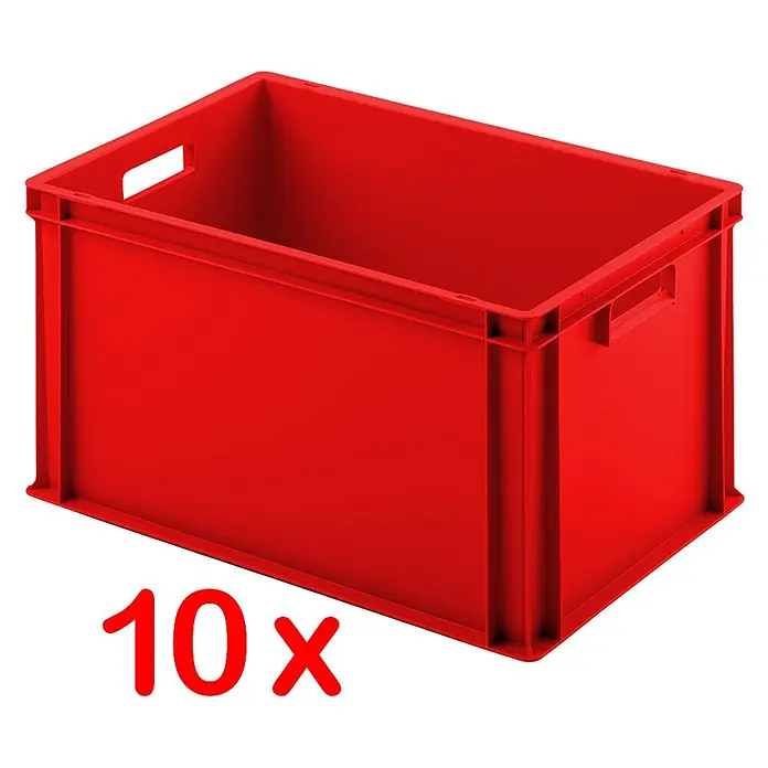 BRB Euroboxen-Set - L x B x H: 60 x 40 x 32 cm, Kunststoff, rot/rot, 11 Stk. - Set von 10 roten, stapelbaren Kunststoff-Lagerboxen mit Griffen.