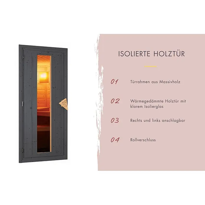 Karibu Saunahaus Hytti 6 - 9 KW Ofen mit externer Steuerung, Terragrau, L x B x H: 231 x 396 x 217 cm - Dunkelgraue, isolierte Holztür mit klarem Isolierglas, links oder rechts anschlagbar, mit Rollverschluss.