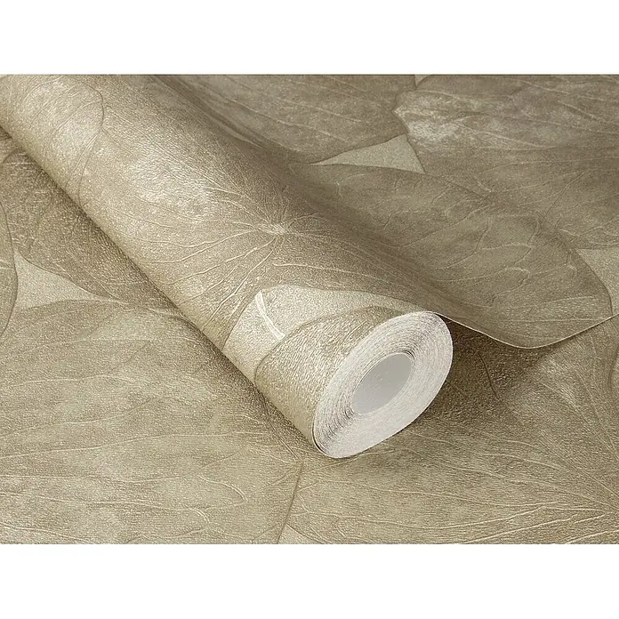 Rasch #followusaround Vliestapete - Gold, Floral, 10,05 x 0,53 m - Hellbraune strukturierte Tapetenrolle mit geprägtem Blattmuster.