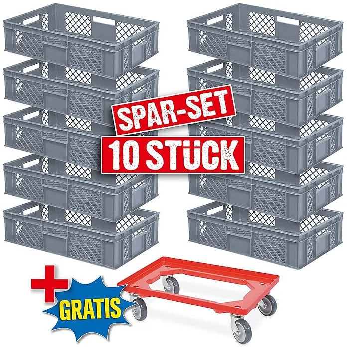 BRB Euroboxen-Set - L x B x H: 60 x 40 x 15 cm, Kunststoff, grau/rot, 11 Stk. - Set aus 10 grauen Kunststoff-Lagerkisten und einem roten Rollbrett mit Rädern.