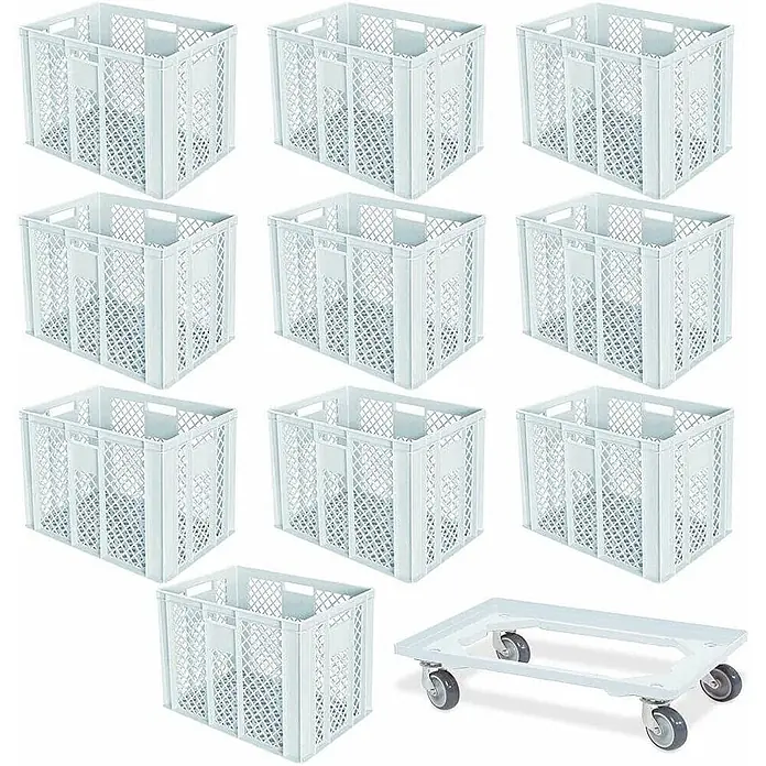 10er Set BRB Euroboxen 600x400x320 Mm + Transportroller – Weiß, Stapelbar, Lebensmittelecht & Praktisch Für Lager & Werkstatt