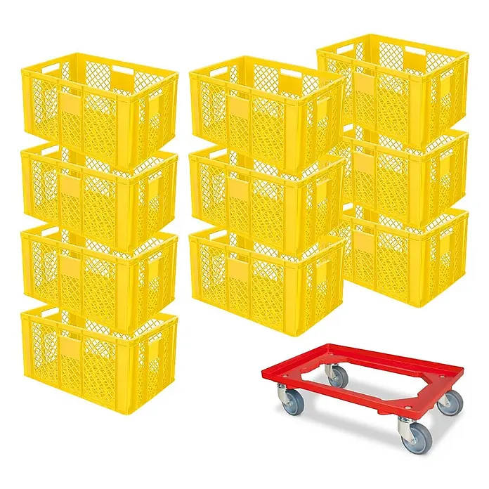 BRB 10er Spar-Set Euro-Stapelbehälter Plus Transportroller, 60x40x32 cm Industriequalität lebensmittelecht gelb -  - Stapel gelber Kunststoff-Lagerkisten und ein roter Rollwagen zum Transport.