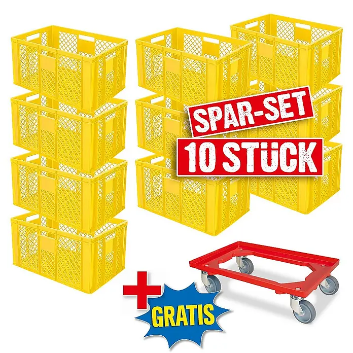 BRB 10er Spar-Set Euro-Stapelbehälter Plus Transportroller, 60x40x32 cm Industriequalität lebensmittelecht gelb -  - Set aus 10 gelben Kunststoff-Stapelbehältern mit einem kostenlosen roten Rollwagen für den Transport.
