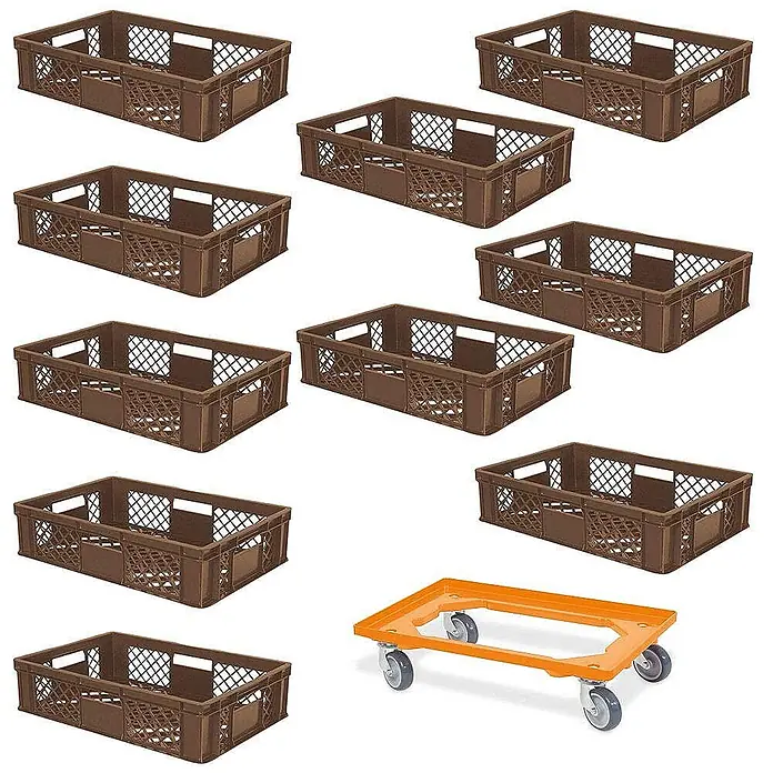 BRB Euroboxen-Set - L x B x H: 60 x 40 x 15 cm, Kunststoff, braun/orange, 11 Stk. - Mehrere braune Kunststoff-Aufbewahrungskörbe mit Gitterstruktur und ein orangefarbener Rollwagen aus Kunststoff.