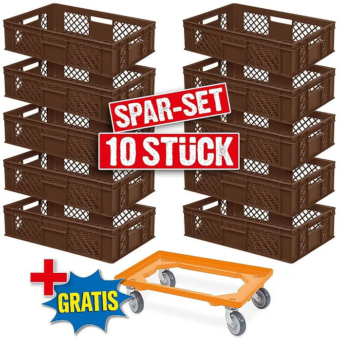 BRB Euroboxen-Set - L x B x H: 60 x 40 x 15 cm, Kunststoff, braun/orange, 11 Stk. - Set aus 10 braunen Stapelboxen aus Kunststoff mit gratis orangefarbenem Rollwagen für Lagerung und Transport.