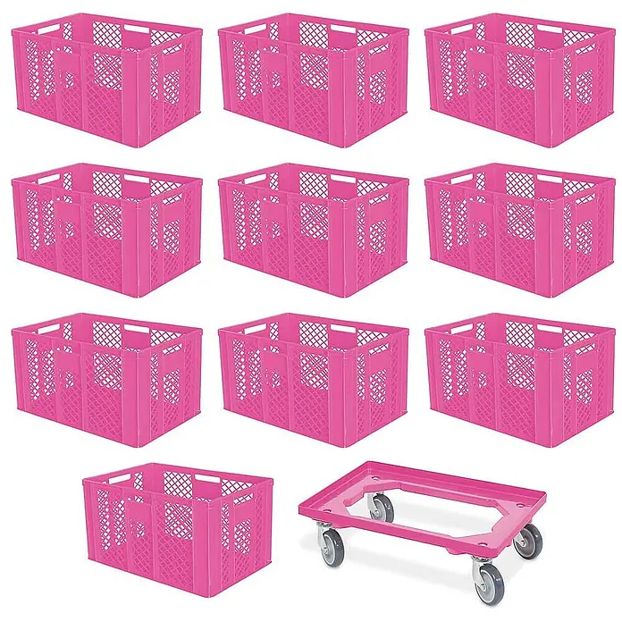 BRB Euroboxen-Set - L x B x H: 60 x 40 x 41 cm, Kunststoff, pink/pink - Neun pinke Plastik-Aufbewahrungskisten und ein passender pinker Rollwagen.