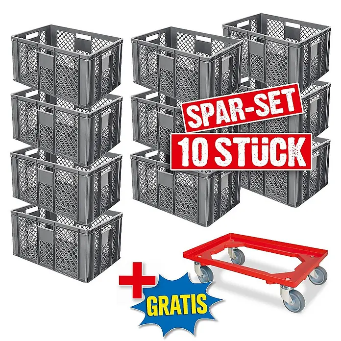 BRB 10er Spar-Set Euro-Stapelbehälter Plus Transportroller, 60x40x32 cm Industriequalität lebensmittelecht grau -  - Zehn graue Kunststoff-Lagerkisten, gestapelt, mit einem kostenlosen roten Rollwagen. Ein Spar-Set.