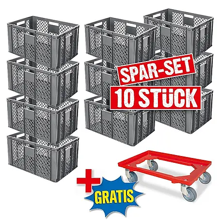 BRB 10er Spar-Set Euro-Stapelbehälter Plus Transportroller, 60x40x32 cm Industriequalität lebensmittelecht grau