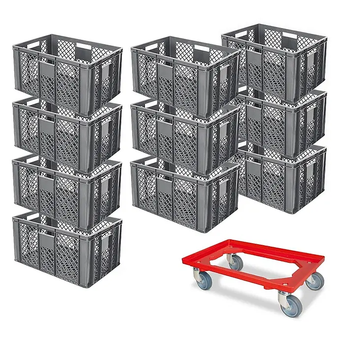BRB 10er Spar-Set Euro-Stapelbehälter Plus Transportroller, 60x40x32 cm Industriequalität lebensmittelecht grau -  - Set grauer stapelbarer Kunststoffkisten mit einem roten Rollwagen für einfachen Transport.
