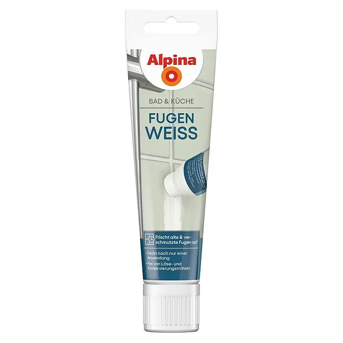 Alpina Ausbesserungsfarbe Fugenweiss - Weiß, 0,1 l - Alpina Fugen Weiss Fugenstift für Bad/Küche, weiße Tube mit blauem Etikett, zeigt Anwendung.