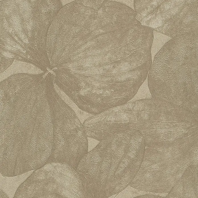 Rasch #followusaround Vliestapete - Gold, Floral, 10,05 x 0,53 m - Geprägte hellbraune Tapete mit großen, strukturierten Blattmotiven.