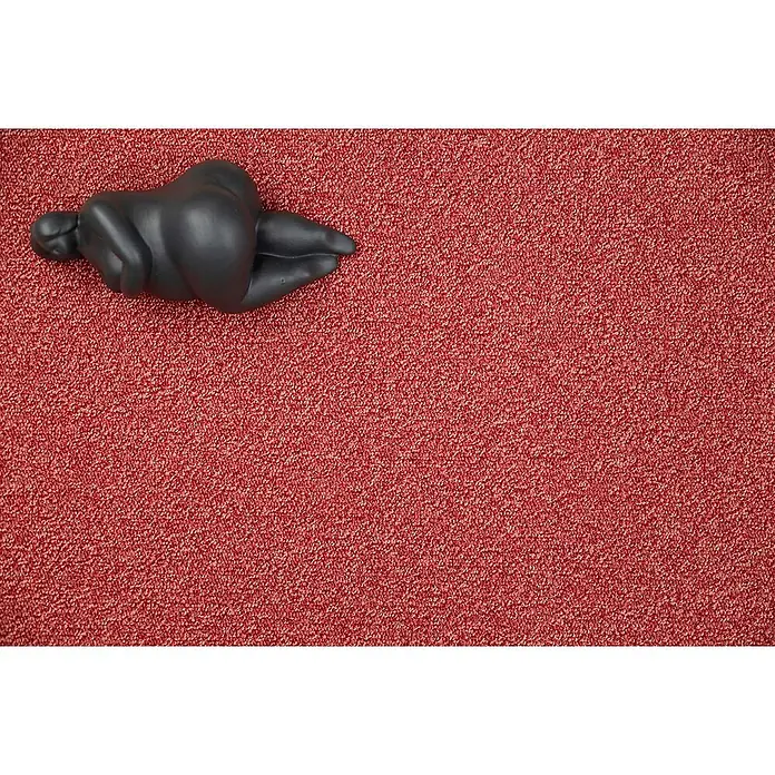 Bricoflor Teppichboden Meterware 5x4m, Schlinge meliert, rot - Schlinge, 100 % Polyamid (PA), rot - Eine glatte, schwarze liegende Skulptur ruht auf einer texturierten roten Oberfläche.