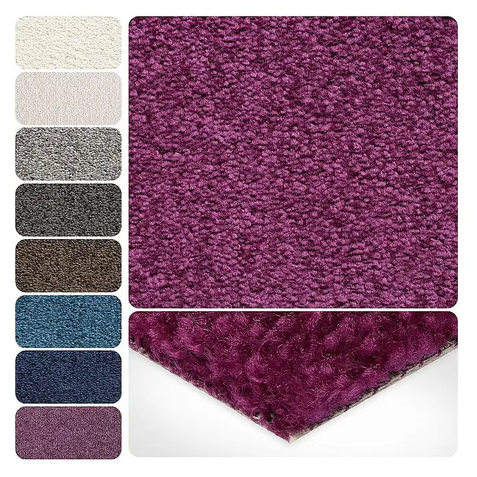 Bricoflor Teppichboden Meterware 8x4m, Velours Hochflor, lila pink - Velours, 100 % Polypropylen (PP), lila pink - Teppichmuster in verschiedenen Farben, darunter ein großes violettes Muster mit Nahaufnahme der Textur.