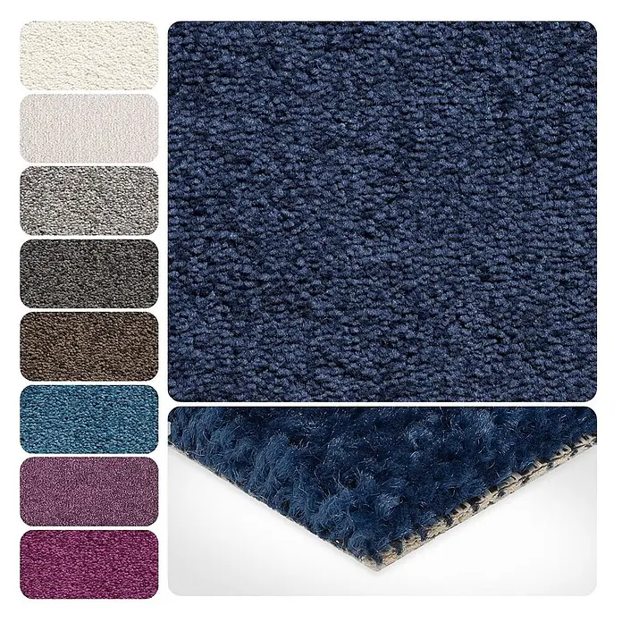 Bricoflor Teppichboden Meterware 3x5m, Velours Hochflor, dunkel-blau - Velours, 100 % Polypropylen (PP), dunkel-blau - Teppichmuster in verschiedenen Farben, prominent ein dunkelblauer Schlingenflor-Teppich mit sichtbarer Textur und Rücken.