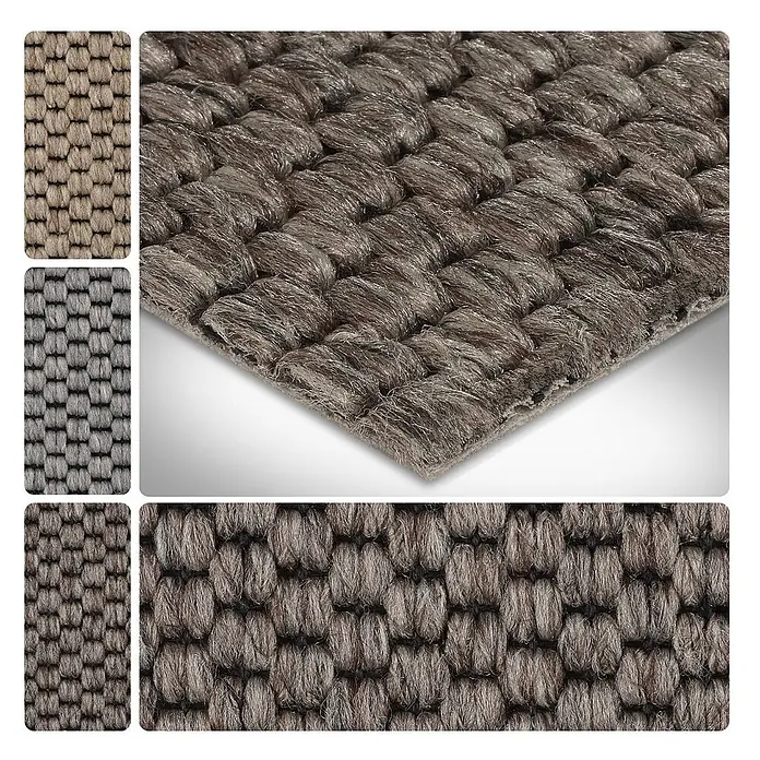 Bricoflor Teppichboden Meterware 4,5x4m, Schlinge Sisal-Optik Flachgewebe, grau dunkel-braun - Flachgewebe, 89 % Polypropylen (PP) / 5 % Polyester (PET) / 6 % Wolle, grau dunkel-braun - Texturierter braun-taupefarbener Teppich mit dicht gewebtem, korbähnlichem Muster. Farbmuster zeigen Beige und Grau.