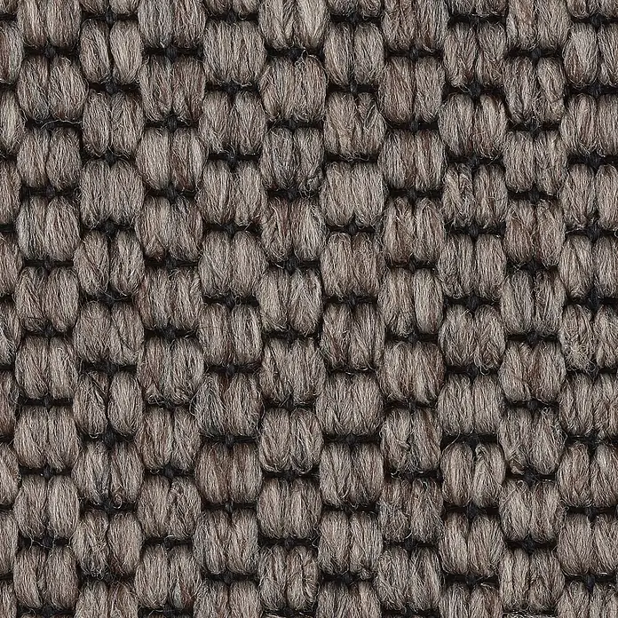 Bricoflor Teppichboden Meterware 4,5x4m, Schlinge Sisal-Optik Flachgewebe, grau dunkel-braun - Flachgewebe, 89 % Polypropylen (PP) / 5 % Polyester (PET) / 6 % Wolle, grau dunkel-braun - Nahaufnahme einer gefleckten braun-grauen Schlingenflor-Teppichstruktur.