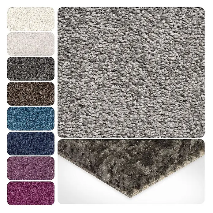 Bricoflor Teppichboden Meterware 2x4m, Velours Hochflor, hell-grau - Velours, 100 % Polypropylen (PP), hell-grau - Texturierte Teppichmuster in verschiedenen Farben wie Grau, Weiß, Braun, Blau und Lila, mit Nahaufnahme des Flors.