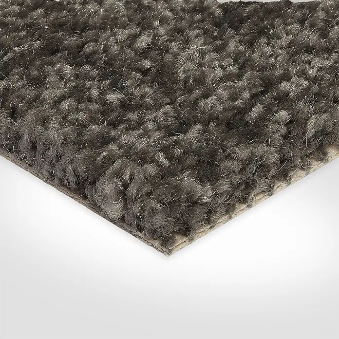 Bricoflor Teppichboden Meterware 2x4m, Velours Hochflor, hell-grau - Velours, 100 % Polypropylen (PP), hell-grau - Dunkelgraues Hochflor-Shag-Teppichmuster, das seine weiche, dicke Textur zeigt.