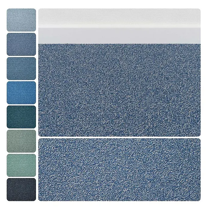 Bricoflor Teppichboden Meterware 3,5x4m, Schlinge meliert, blau beige - Schlinge, 100 % Polyamid (PA), blau beige - Strukturierter blauer Sprenkelteppich, gezeigt mit weißer Fußleiste und passenden blauen und grünen Farbmustern.