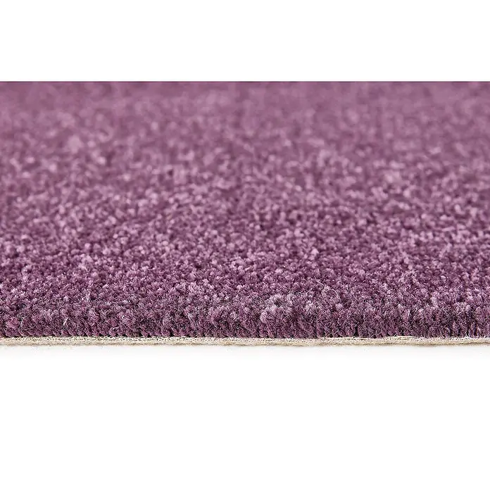 Bricoflor Teppichboden Meterware 9x4m, Velours Hochflor, lila altrosa - Velours, 100 % Polypropylen (PP), lila altrosa - Nahaufnahme eines lilafarbenen Teppichs mit weicher, zotteliger Florstruktur.