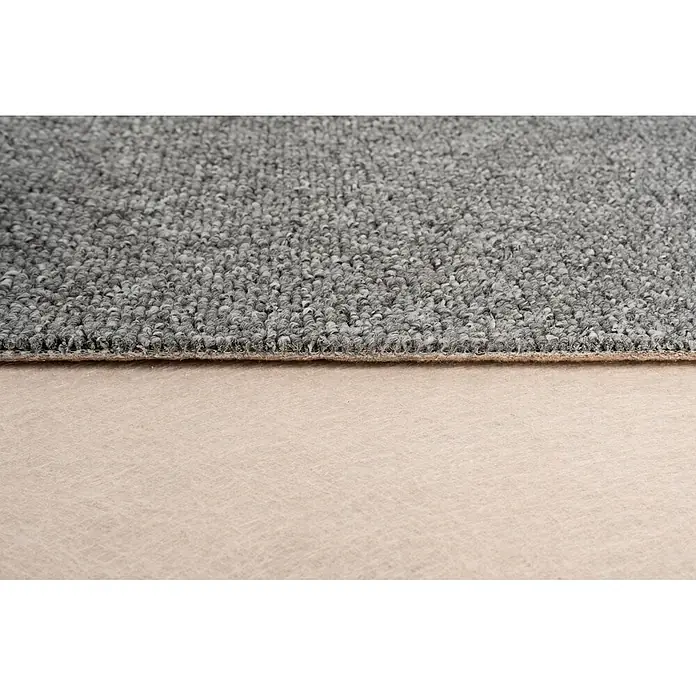 Bricoflor Teppichboden Meterware 2,5x4m, Schlinge gemustert, hell-grau - Schlinge, 100 % Polypropylen (PP), hell-grau - Grauer Schlingenflor-Teppichmuster, das strukturierte Oberfläche und Rücken zeigt.