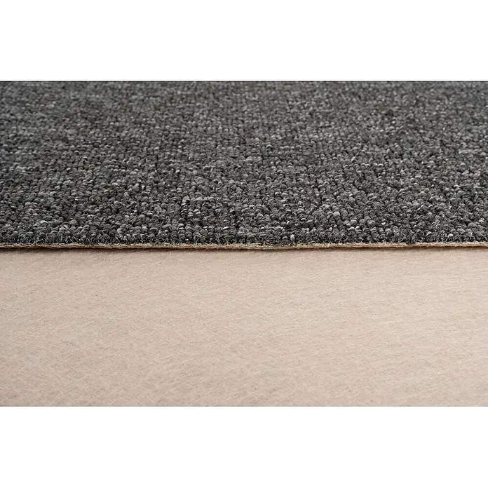 Bricoflor Teppichboden Meterware 3,5x5m, Schlinge gemustert, dunkel-grau anthrazit - Schlinge, 100 % Polypropylen (PP), dunkel-grau anthrazit - Dunkelgrauer, melierter Schlingenflor-Teppich mit sichtbarer Schnittkante und heller Rückseite.