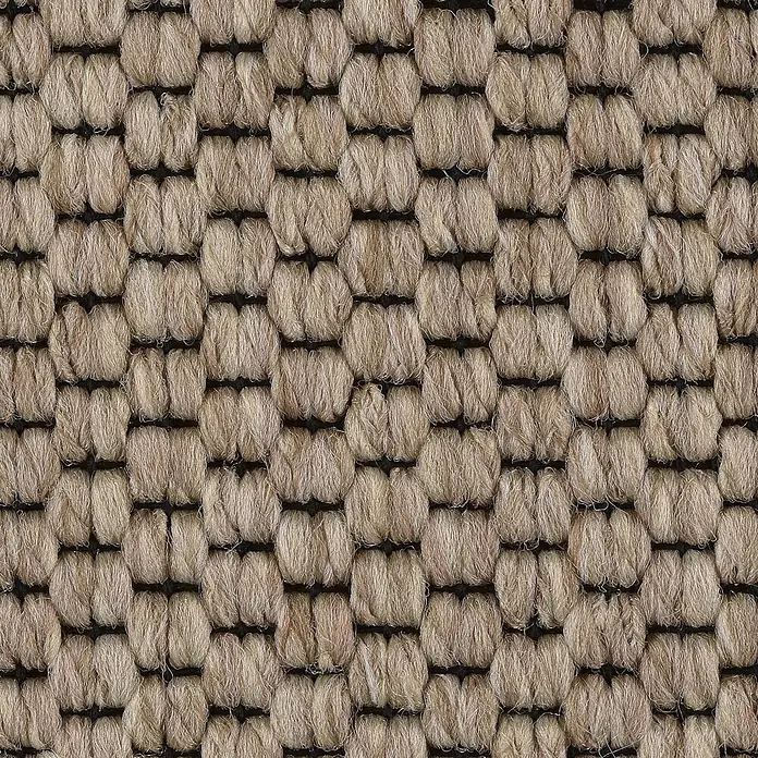 Bricoflor Teppichboden Meterware 5,5x4m, Schlinge Sisal-Optik Flachgewebe, beige hell-braun - Flachgewebe, 89 % Polypropylen (PP) / 5 % Polyester (PET) / 6 % Wolle, beige hell-braun - Makroaufnahme eines beigen Teppichs mit Korbgeflecht-Struktur.